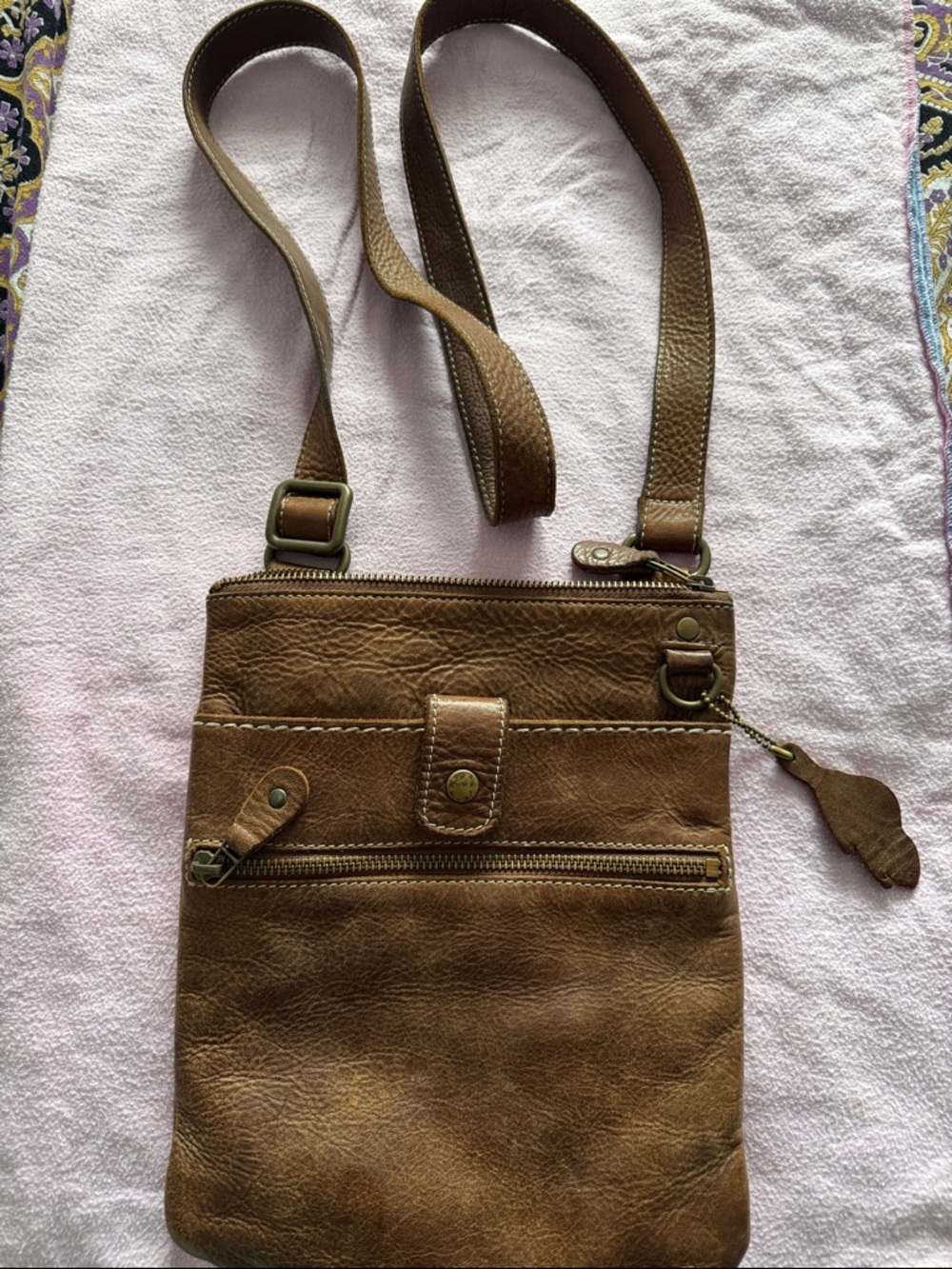 Roots Brown Leather Cross body Shoulder Bag with Logo Patch